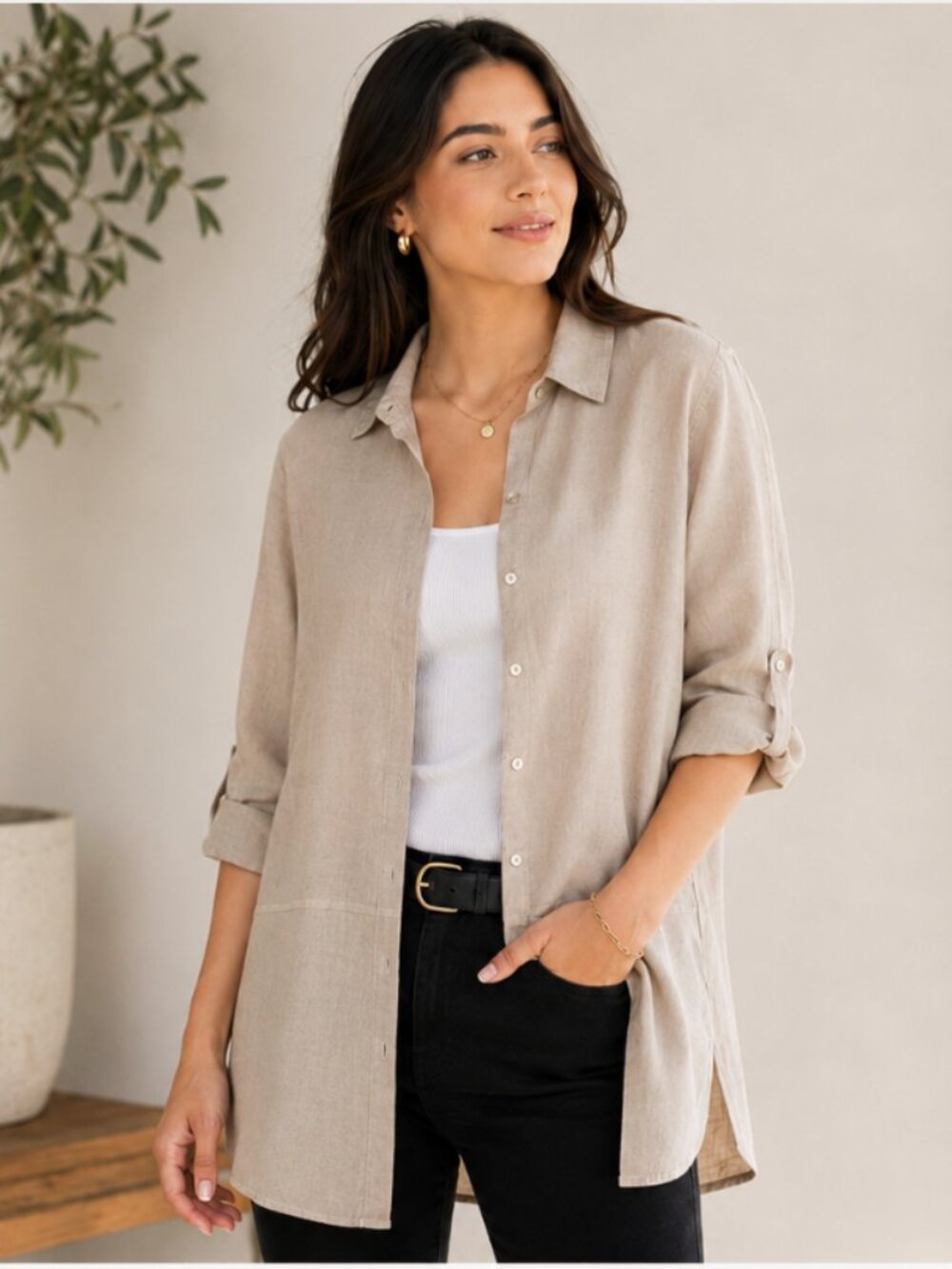 Tahari Women's Large Linen Beige Button-Down Shirt Tunic Summer Resortwear